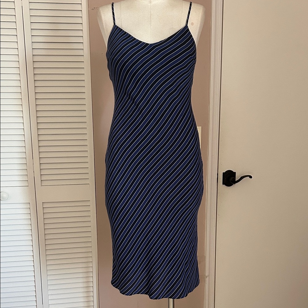 Banana Republic Blue over black striped silk midi slip dress size 0